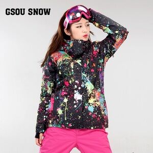 Gsou Snow Black Multi Paint Splatter Ski Snowboard Jacket Hooded Size Small